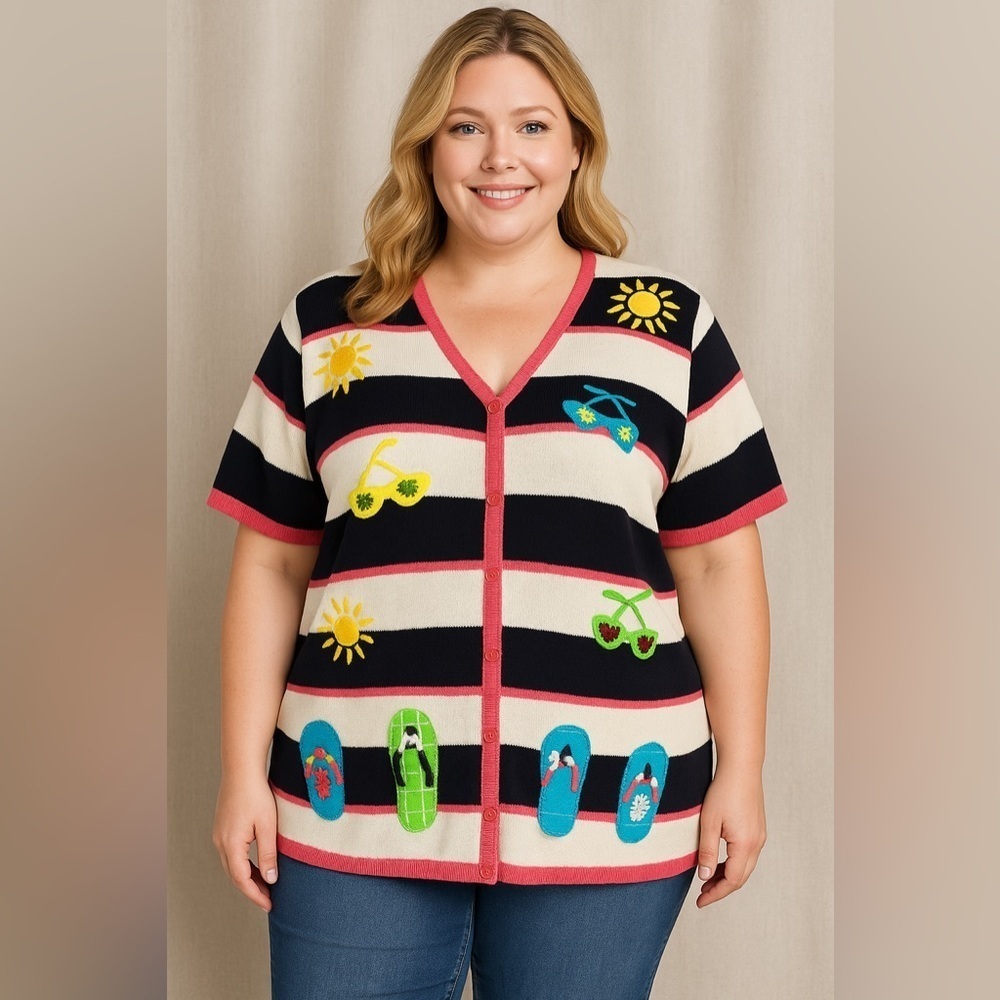 Hampshire Studio 2X Summer Cardigan —Striped Beach Theme Embroidered Sweater Top